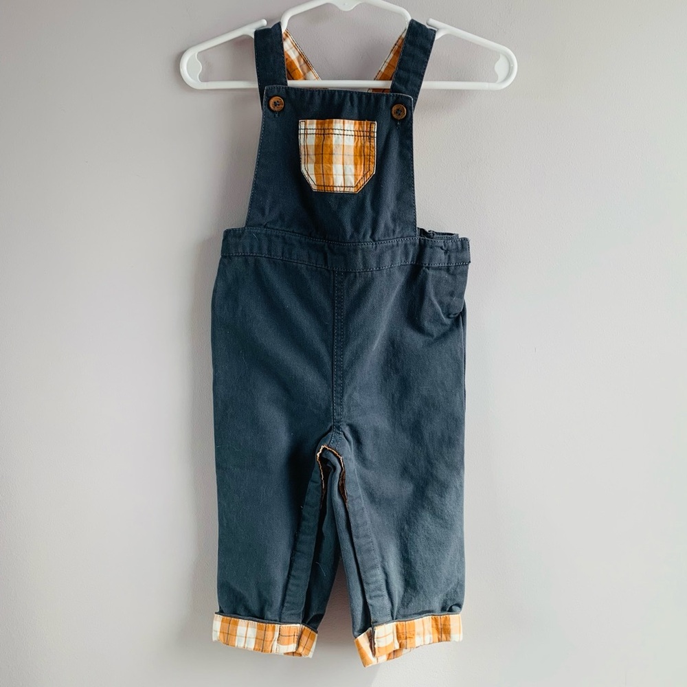 Tommy Bahama Overalls Grey Orange Plaid Adjustable Cotton Baby EUC 6mth - 9mth